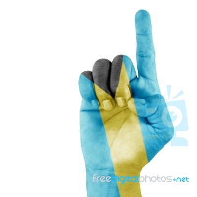 Flag Bahamas On Pointing Up Hand Stock Photo