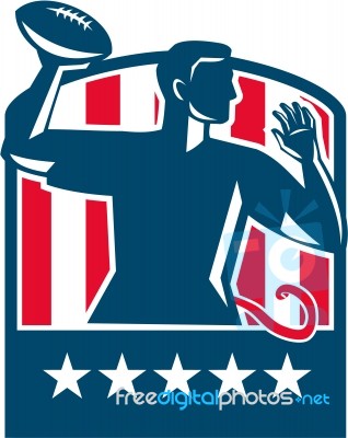 Flag Football Qb Player Passing Ball Usa Flag Crest Retro Stock Image