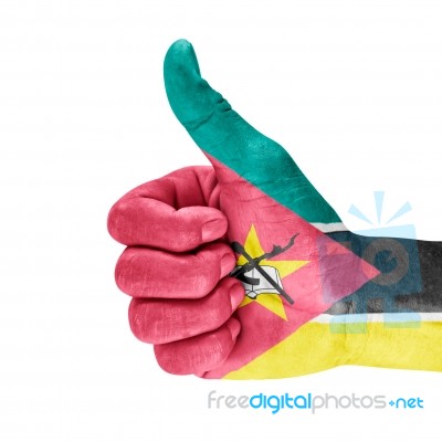 Flag Of Mozambique On Thumb Up Hand Stock Photo