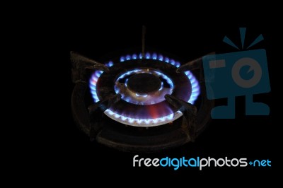 Flame Of Old Gas Oven In The Dark Stock Photo