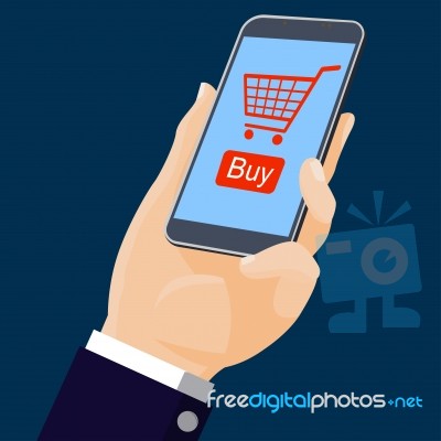 Flat Design-hand Holding Mobile With Online Shopping- Illu Stock Image