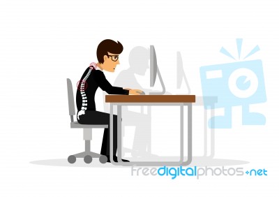 Flat Illustration For Office Syndrome. Wrong Sitting In The Workplace. Eyes Inflammation, Obesity, Stomach Ache, Knees Pain, Headache, Hands Pain, Lower Back Pain Stock Image