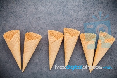 Flat Lay Ice Cream Cones Collection On Dark Stone Background . B… Stock Photo