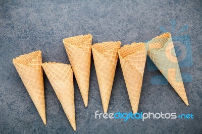 Flat Lay Ice Cream Cones Collection On Dark Stone Background . B… Stock Photo