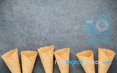 Flat Lay Ice Cream Cones Collection On Dark Stone Background . B… Stock Photo