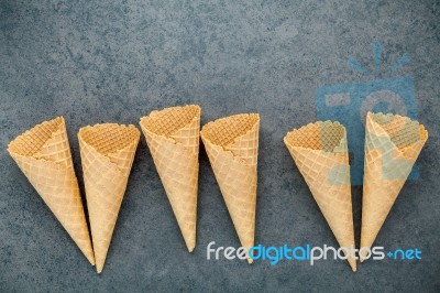 Flat Lay Ice Cream Cones Collection On Dark Stone Background . B… Stock Photo