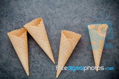 Flat Lay Ice Cream Cones Collection On Dark Stone Background . B… Stock Photo