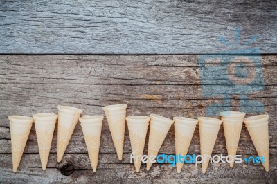 Flat Lay Ice Cream Cones Collection On Shabby Wooden Background Stock Photo