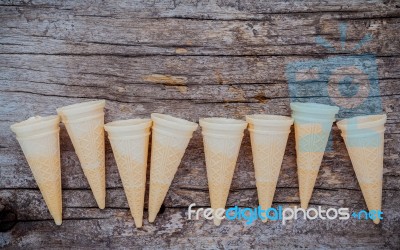 Flat Lay Ice Cream Cones Collection On Shabby Wooden Background Stock Photo