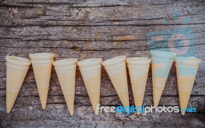 Flat Lay Ice Cream Cones Collection On Shabby Wooden Background Stock Photo