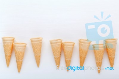 Flat Lay Ice Cream Cones Collection On White Wooden Background  Stock Photo