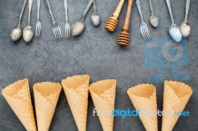 Flat Lay Ice Cream Cones Collection , Spoons ,fork And Honey Dip… Stock Photo