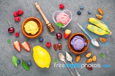 Flat Lay Ice Cream With Various Fruits Raspberry ,blueberry ,str… Stock Photo