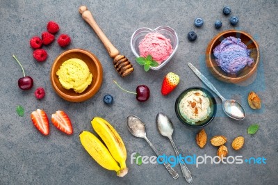 Flat Lay Ice Cream With Various Fruits Raspberry ,blueberry ,str… Stock Photo