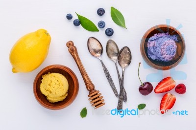 Flat Lay Ice Cream With Various Fruits Raspberry ,blueberry ,str… Stock Photo