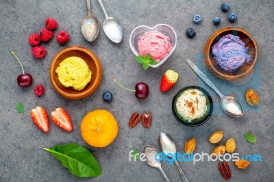 Flat Lay Ice Cream With Various Fruits Raspberry ,blueberry ,str… Stock Photo