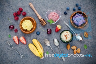 Flat Lay Ice Cream With Various Fruits Raspberry ,blueberry ,str… Stock Photo