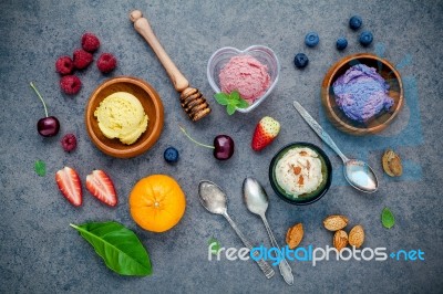 Flat Lay Ice Cream With Various Fruits Raspberry ,blueberry ,str… Stock Photo