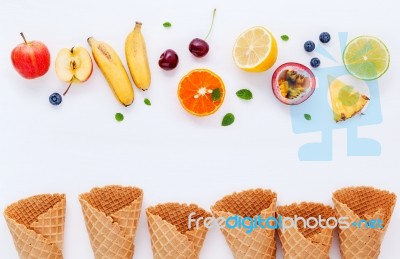 Flat Lay Various Fresh Fruits Blueberry ,strawberry ,orange ,ban… Stock Photo