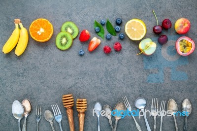 Flat Lay Various Fresh Fruits Raspberry ,blueberry ,strawberry ,… Stock Photo