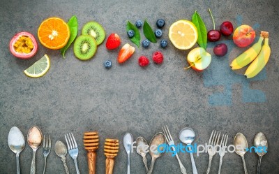 Flat Lay Various Fresh Fruits Raspberry ,blueberry ,strawberry ,… Stock Photo