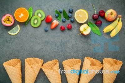 Flat Lay Various Fresh Fruits Raspberry ,blueberry ,strawberry ,… Stock Photo