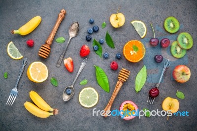 Flat Lay Various Fresh Fruits Raspberry ,blueberry ,strawberry ,… Stock Photo