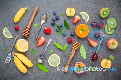 Flat Lay Various Fresh Fruits Raspberry ,blueberry ,strawberry ,… Stock Photo