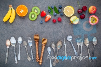 Flat Lay Various Fresh Fruits Raspberry ,blueberry ,strawberry ,… Stock Photo