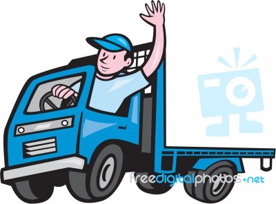 Flatbed Truck Driver Waving Cartoon Stock Image