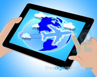 Flights Global Means Travel Guide And Worldly Tablet Stock Image