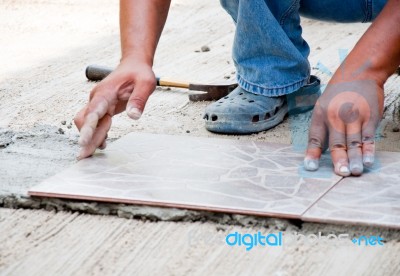 Floor Tile Installation Stock Photo