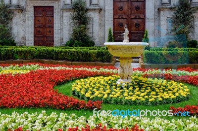 Floral Display Outside Pienza Cathedral Stock Photo