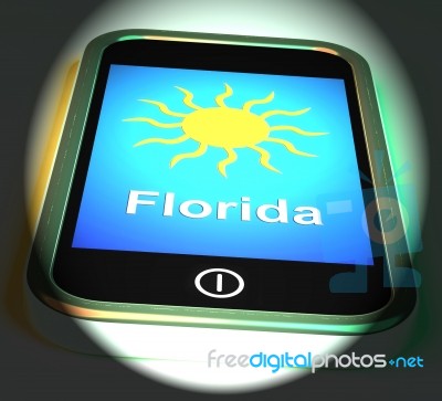 Florida And Sun On Phone Displays Great Weather In Sunshine Stat… Stock Image