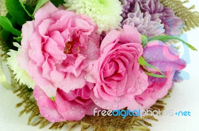 Flowers Bouquet With Pink Roses And Chrisanthemum Stock Photo