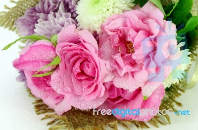 Flowers Bouquet With Pink Roses And Chrisanthemum Stock Photo