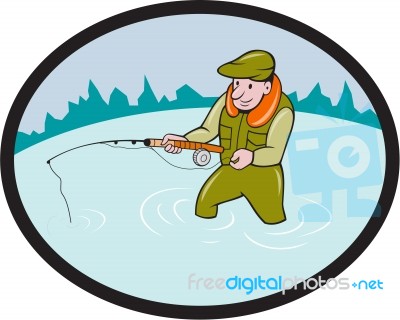 Fly Fisherman Casting Fly Rod Oval Cartoon Stock Image