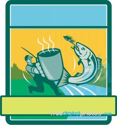 Fly Fisherman Catching Salmon Mug Rectangle Retro Stock Image