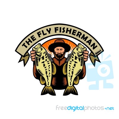 Fly Fisherman Holding Largemouth Bass Woodcut Stock Image