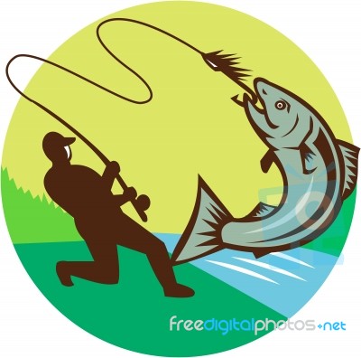 Fly Fisherman Hooking Salmon Circle Rero Stock Image