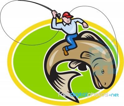 Fly Fisherman Riding Trout Fish Cartoon Stock Image