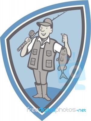 Fly Fisherman Showing Fish Catch Cartoon Stock Image