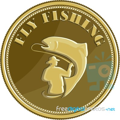 Fly Fishing Gold Coin Retro Stock Image