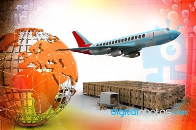 Flying Plane, A Truck, And A Cargo Container Stock Image