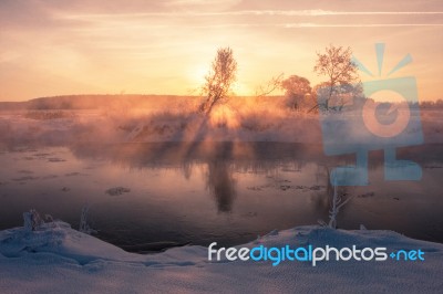 Fog Over Winter River Stock Photo