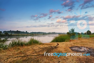 Foggy River In The Morning. Misty Dawn At Summer. Misty Morning Stock Photo