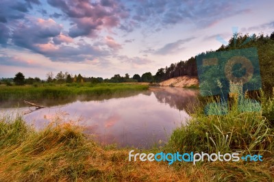 Foggy River In The Morning. Summer Foggy Sunrise. Misty Morning Stock Photo