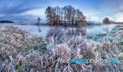 Foggy Winter Sunrise Stock Photo