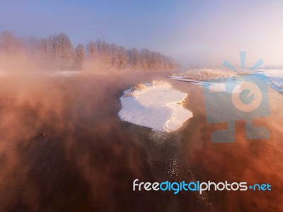 Foggy Winter Sunrise Stock Photo