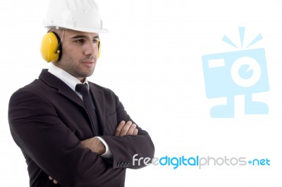 Folded Arm Engineer Wearing Earmuff Stock Photo